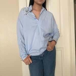 Zara oversized light blue button-up shirt with pearl details